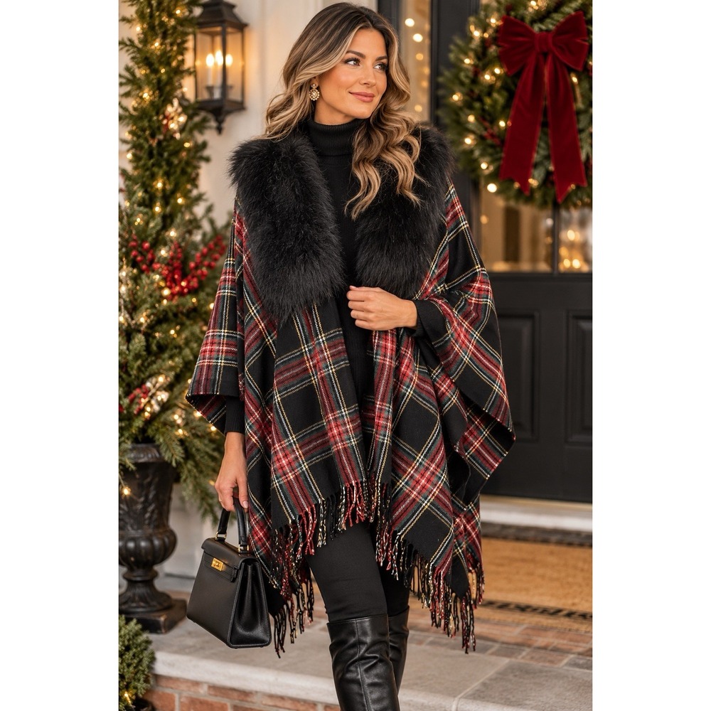 J.Crew Faux-Fur Cape-Scarf Red Black Tartan Plaid One Size Old Money Christmas